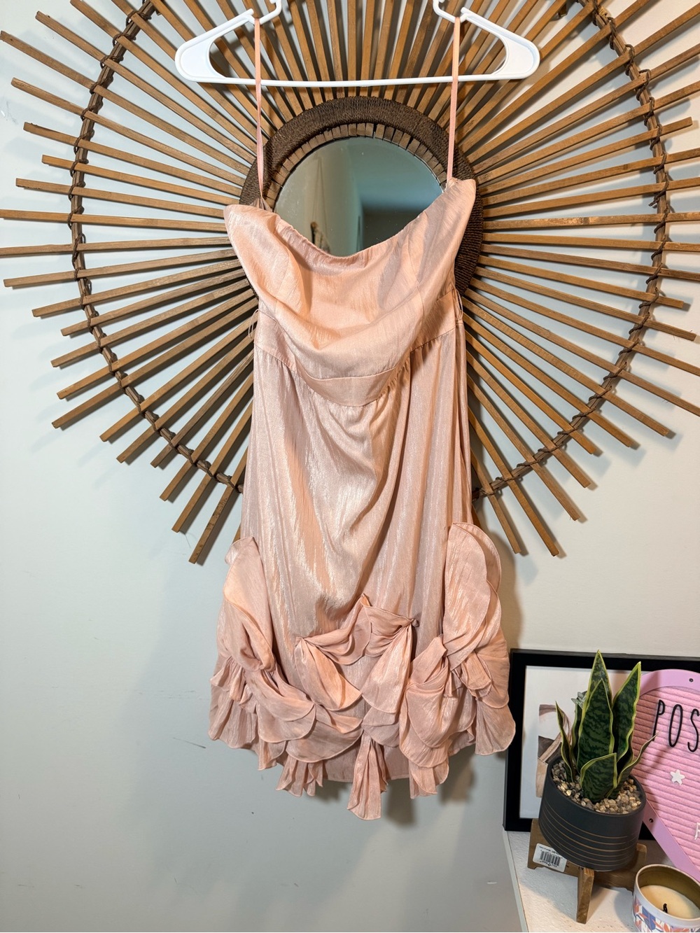 VTG Pink Satin Strapless Mini Dress w/ Ruffle Petal Detail Wdg Guest Cocktail
